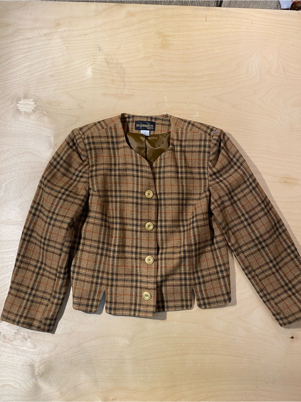 Requirements Tan and Brown Plaid Collarless Wool Jacket 10 (RV)